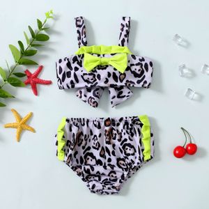 Kids Meisje Twee Stuk Badmode Luipaard Print Strik Bikini Tops + Elastische Taille Baden Shorts Kinderen Meisje Bikini Set 1-5Years