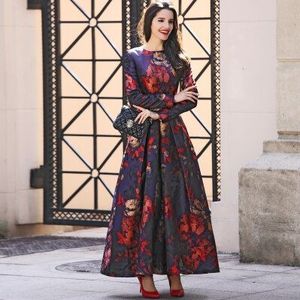 Plus Size Moslim Vrouwen Lange Mouw Lange Maxi Dubai Abaya Jurk Mode Bloemen Jacquard Jurk Fall Vintage S-4XL