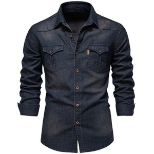 Aiopeson Elastische Katoen Denim Shirt Heren Lange Mouw Cowboy Shirts Voor Mannen Casual Slim Fit Heren Kleding