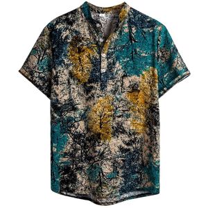 Etnische Linnen Mannen Shirt Heren Contrast Kleur Geometrische Gedrukt Hawaiian Korte Mouwen Losse Shirts Katoen Hommes Plus Size Xxxl