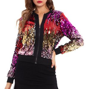 Vesear Vrouwen Mode Kort Jasje Sequin Sparkly Bomber Jassen V-hals Lange Mouwen Rits Glitter Clubwear Streetwear Chic Jas