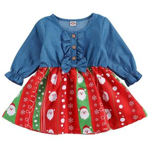 Peuter Baby Meisjes Kerst Jurk, Lange Mouwen Denim Patchwork Cartoon Gedrukt Zoom Mini Jurk Kerstman Party Gown 6M-4Y