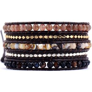 Cool 5 Strengen Mixed Stones Onyx Metalen Kralen Lederen Wrap Armbanden Vintage Zwarte Minnaar Armband