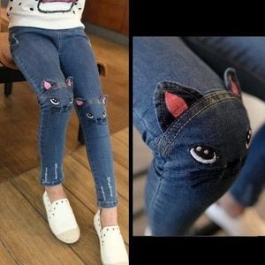 Lente En Herfst Winter Meisjes Jeans Katoen Cartoon Kat Geborduurde Broek