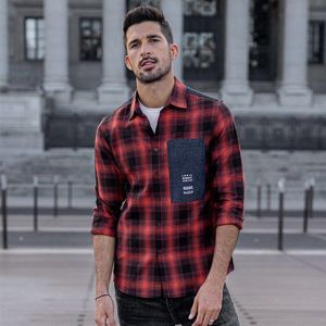 Kuegou 2022 Lente 100% Katoen Plaid Rood Shirt Mannen Jurk Button Casual Slim Fit Lange Mouwen Voor Man Blouse kleding 6987