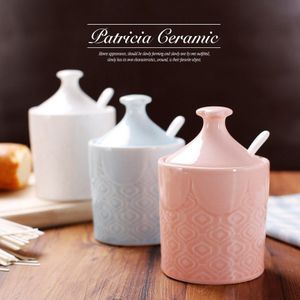 Keramische Bone China Caster Zout Suiker Pot Set (3 Stks) met Graveren Patroon voor Keuken Koken