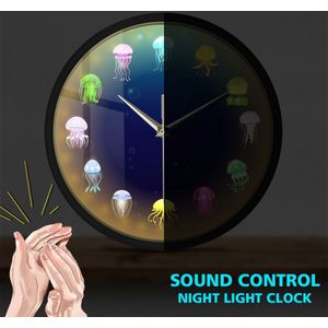 Kleurrijke Gedrukt Kwallen Wandklok Met Led Verlichting Zee Gelei Sound Control Smart Horloge Marine Dieren Nursery Licht