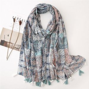 Lente Vintage Bloemenprint Kwastje Sjaals Lange Strand Zachte Viscose Bloemen Wrap Sjaal Hijab