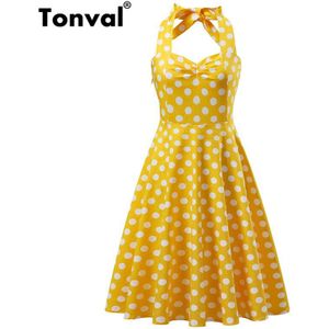 Tonval Vintage Party Uitgaan Elegante Stijl Backless Sexy Jurk Vrouwen Shirred Back Halter Polka Dot Geel 50 S Midi jurken