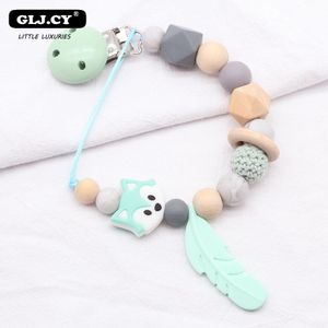 Siliconen Fopspeen Clip Houten Kralen Dummy Clip Leuke Husky Veer Fopspeen Clip Speenketting Baby Tanden Speelgoed Baby Chew