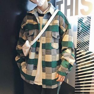 Koreaanse Mannen Plaid Shirt Wollen Doek Toevallige Mannelijke Shirts Losse Lange Mouw Japanse Blouse Herfst Winter Vintage Tops