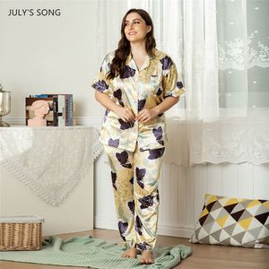 July's Lied Vrouwen Faux Zijden Pyjama Set 2 Stuks Zomer Casual Comfortabele Grote Maat Losse Afdrukken Homewear Vrouwelijke Nachtkleding