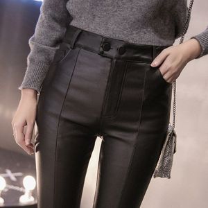 Vrouwen Dunne Fluwelen PU Lederen Broek Vrouwelijke Elastische Stretch Faux Leather Skinny Potlood Pant Strakke Broek Herfst Winter