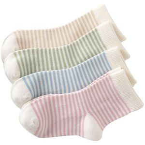 Caramella 4Pairs Biologisch Katoen Kinderen Sokjes Leuke Kleurrijke Streep Baby Peuter Sokken Naadloze Unisex Sok 1-12Y Geschenkdoos set