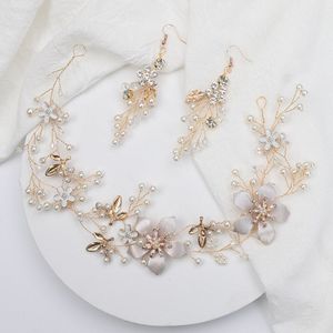 Gouden Bloem Kroon En Oorbellen Glanzende Steentjes Crystal Parel Vrouwen Haar Accessoires Hoofddeksels Bruids Sieraden Sets