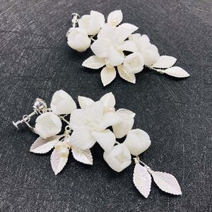 1 Pair Silver Leaf Women Plant Earrings Ceramic Flower Handmade Jewelry Bridal Pearl Decoration Ornament Ear Clip