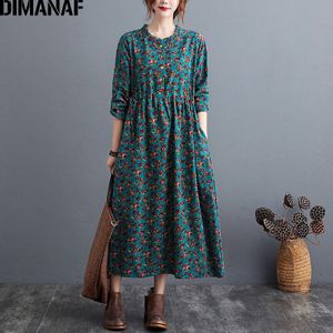 Dimanaf Plus Size Vrouwen Jurk Vintage Lange Mouw Bloemenprint Lady Vestidos Prairie Chic Losse Herfst Winter Kleding