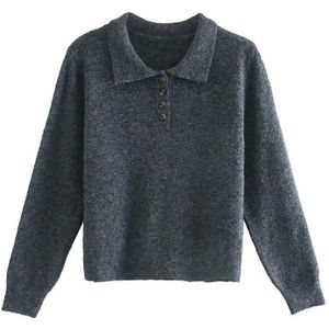 Vintage Chic Knoppen Cropped Gebreide Polo Shirt Trui Vrouwen Herfst Mode Elegante Lange Mouwen Tops Dames Knitwear