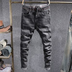 Koreaanse Stijl Mode Mannen Jeans Zwart Grijs Slim Fit Elastische Ripped Denim Potlood Broek Vintage Broek Mannelijke