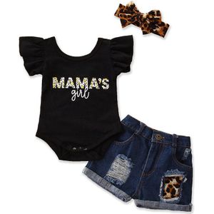Baby Baby Meisjes Jumpsuit Zwart Mama' S Meisje Brief Romper + Luipaard Print Denim Shorts + Hoofdbanden Outfits Set