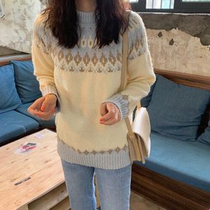 Harajuku Winter Vintage Vrouwen Geometrische Print O-hals Trui Lange Mouw Losse Gebreide Oversize Trui Vrouwelijke