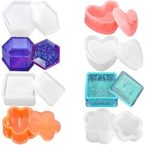 Doos Hars Mallen, Siliconen Hars Mallen 4 Stuks Doos Mallen Met Vierkante Hexagon Hart Vorm Bloem Epoxy Mallen