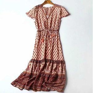 Boho Geïnspireerd Midi Vrouwen Jurk Flutter Mouwen Ruffle Tiered Boho Jurk Rode Bloemenprint Kwastje Gebonden Sprnig Zomer Jurk