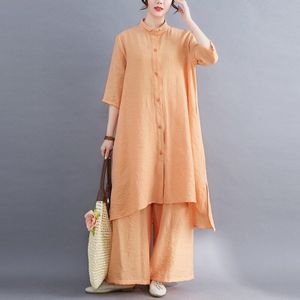 Lente Zomer Vrouwen Sets Elegante Katoen Linnen Losse Lange Blouse Shirts + Vrouwelijke Wijde Pijpen Broek Broek Tweedelige sets 11351