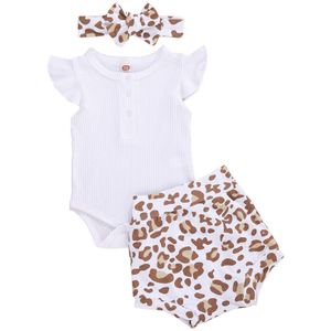 Baby Solid Romper Luipaard Shorts Lotusblad Decoratie Hoge Taille Single-Breasted Baby Meisjes Zomer Kleding