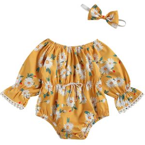 Focusnorm Pasgeboren Baby Meisjes Bodysuits Een Stuk Ruches Lange Mouwen Zonnebloemen Print Elastische Taille Jumpsuits