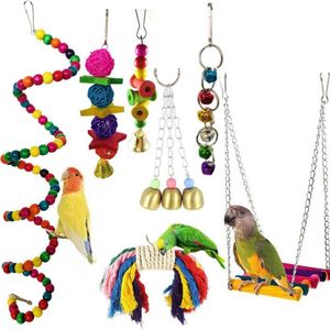 7 Pcs Groene Dierbenodigdheden Vogel Papegaai Training Speelgoed Set Vogels Stand Speeltuin Accessoires Knagen Speelgoed