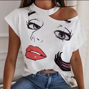 Vrouwen Off-Shoulder Gezicht Print T-shirt Korte Mouw Crop Tops Ronde Hals Zomer Dames Casual Blouse Tuniek Shirt Streetwear