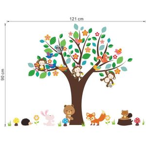 Bos dieren aap play onder bloem boom muursticker voor kids baby nursery kinderkamer decoraties decor thuis decal