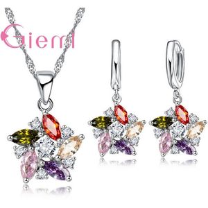 Zirconia Bloem Bruiloft Sieraden Sets Bridal 925 Sterling Zilveren Ketting Hoop Earring Rhinestone Top