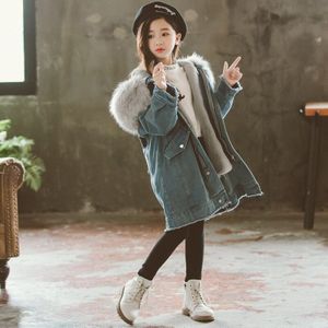 Meisjes Denim Jas Winter Kleding Kinderen Kleding Meisje Plus Fluwelen Dikke Katoenen Lange Jas Down Fur Hooded uitloper