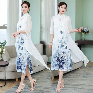 Aangekomen Mode Vrouwen Chinese Stijl Vintage Jurken Borduren Slanke Taille Kleding Dame Jurk Pak 2 Delige Set