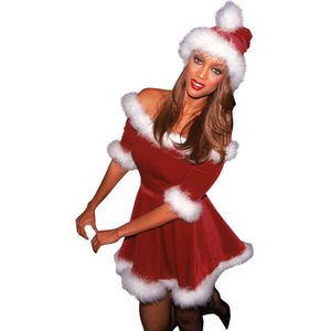 Puloru Vrouwen Red Dress Kerst Dames Harige Hem Off Shoulder Fluwelen Mini Jurken Xmas Party Half Sleeve A-lijn Santa jurk