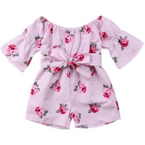 Mooie Roze Bloemen Off Shoulder Rompertjes Kinderen Baby Kleding Meisje Korte Jumpsuit Kleding