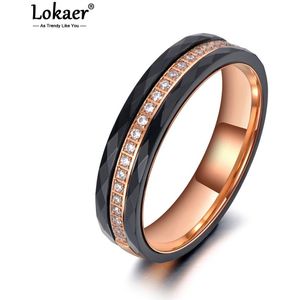 Lokaer Trendy Titanium Rvs Black Cut Keramische Ring Sieraden Rose Goud Mozaïek Cz Crystal Trouwringen Voor Vrouwen R19141