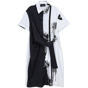 [Eam] Vrouwen Zwart Patroon Gedrukt Knoop Big Size Shirt Jurk Revers Korte Mouwen Loose Fit Mode Lente zomer 1Y136