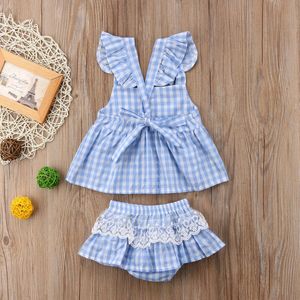 2Pc Baby Meisje Kleding Sets Mode Baby Meisje Zomer Tops En Shorts Kinderen Meisjes Casual Lace Blauw Raster Outfits baby Kleding