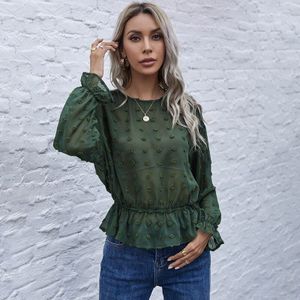 Benuynffy O-hals Zwitserse Dot Flounce Mouw Ruche Zoom Blouse Vrouwen Lente Lange Mouw Mode Zien Door Dames Sheer Top Blouse