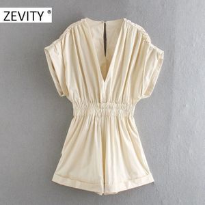 Zevity Vrouwen Effen Kleur V-hals Pleats Safari Speelpakjes Vrouwelijke Elastische Taille Siamese Shorts Chic Siamese Rompertjes DS4457