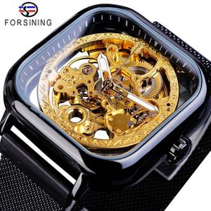 Mode Forsining Mannen Mechanische Horloges Automatische Self-Wind Golden Transparante Mesh Steel Horloge Skeleton Man Mannelijke Uur
