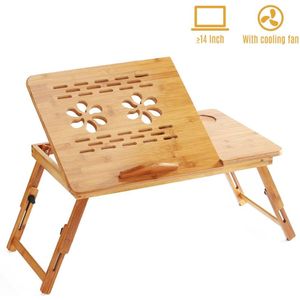Opvouwbare Bamboe Laptop Desk Stand Ontbijt Serveren Bed Lade Tafel Hoogte Verstelbare Met 4 Hoeken Kantelen Top Lade