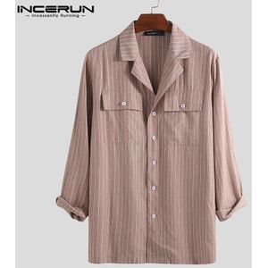 Incerun Gestreepte Mannen Casual Shirts Vintage Lange Mouwen Pockets Turn-Down Kraag Blouse Streetwear Brand Shirt Mannen S-5XL