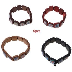 4Pc Katholieke Sieraden Christian Levert Houten Icoon Elastische Bead Armband