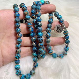 8Mm Blauw Gestreepte Steen 108 Kraal Lotus Hanger Stretch Armband Handgemaakte Boeddhisme Chakra Bid Kleurrijke Meditatie Spiritualiteit