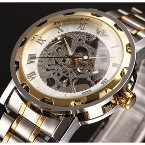 SEWOR winner Skeleton Mechanische Horloge Golden Transparante Steampunk Klok Mannen Roestvrij Volledige Stalen Horloge Relogio
