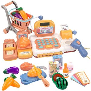 39Pcs Kinderen Pretend Play Supermarkt Kassa Speeltoestel Met Snijden Speelgoed Kinderen Educatief Speelgoed -Oranje Blauw